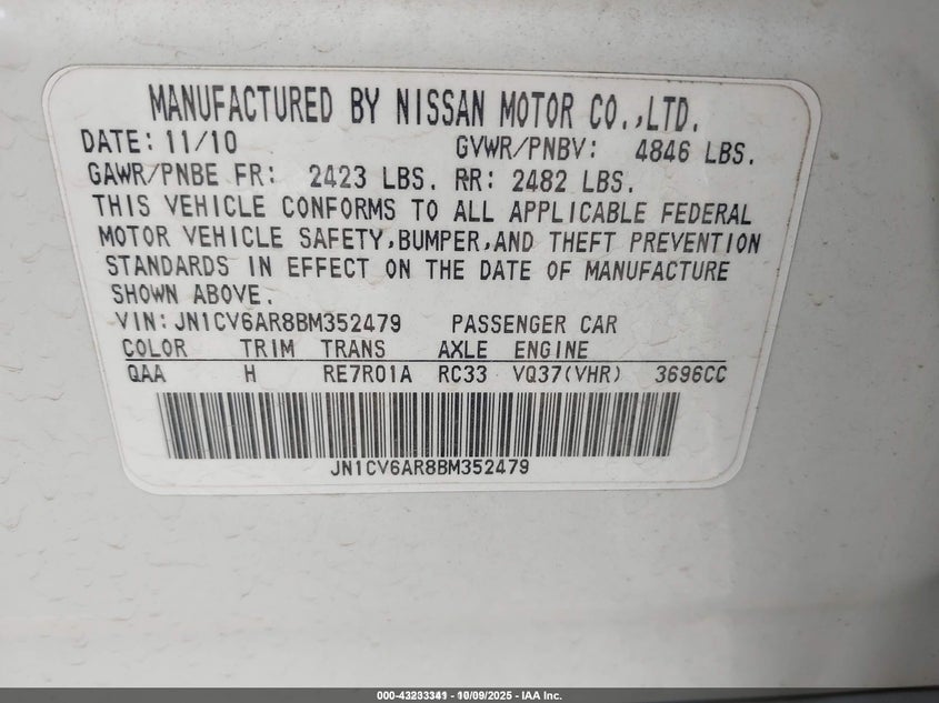 2011 Infiniti G37X VIN: JN1CV6AR8BM352479 Lot: 43233341