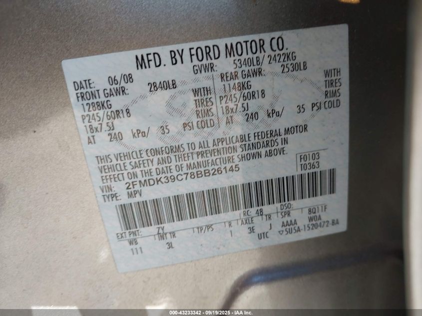 2008 Ford Edge Limited VIN: 2FMDK39C78BB26145 Lot: 43233342