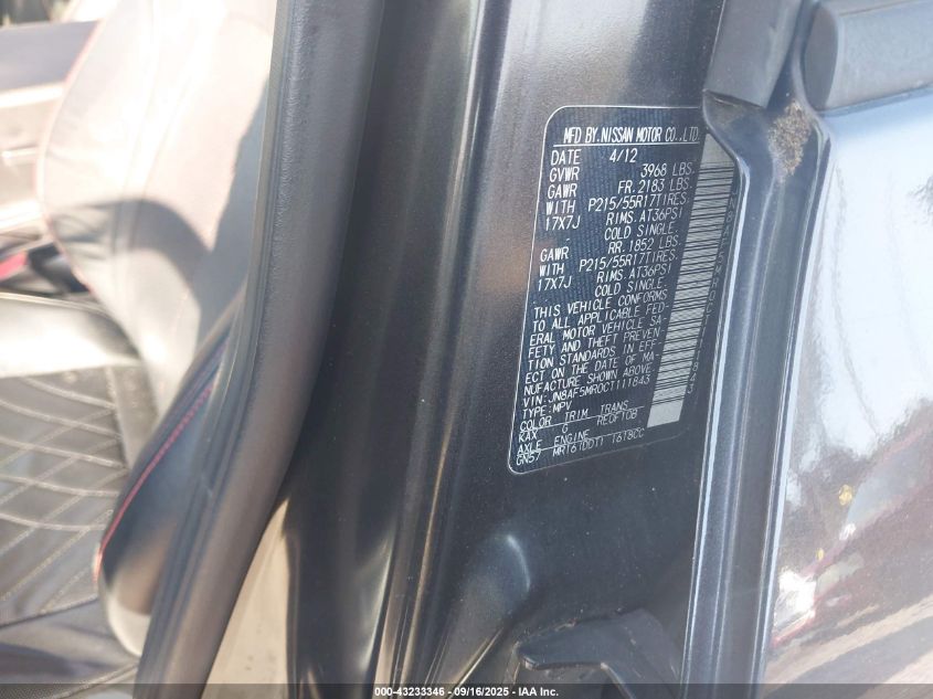 2012 Nissan Juke Sl VIN: JN8AF5MR0CT111843 Lot: 43233346