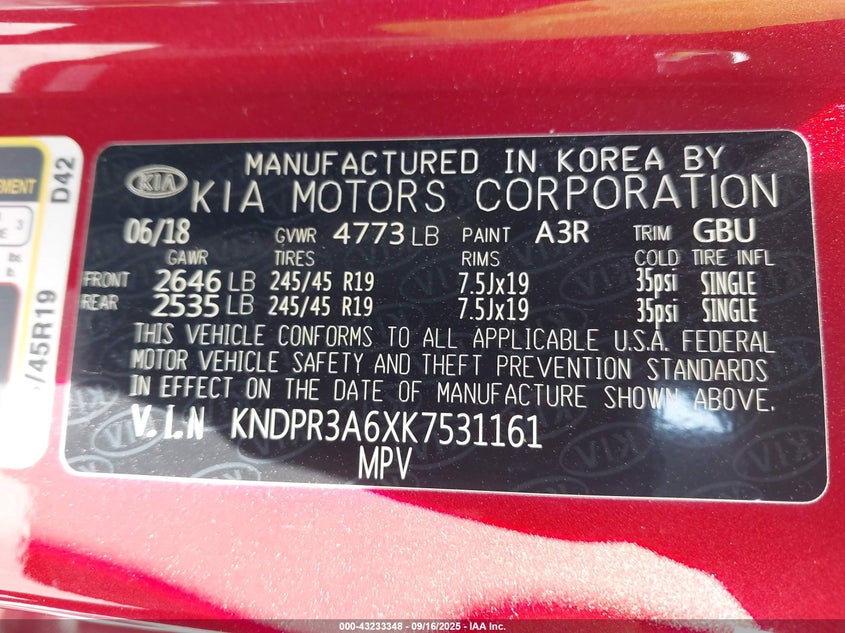 2019 KIA SPORTAGE SX TURBO KNDPR3A6XK7531161