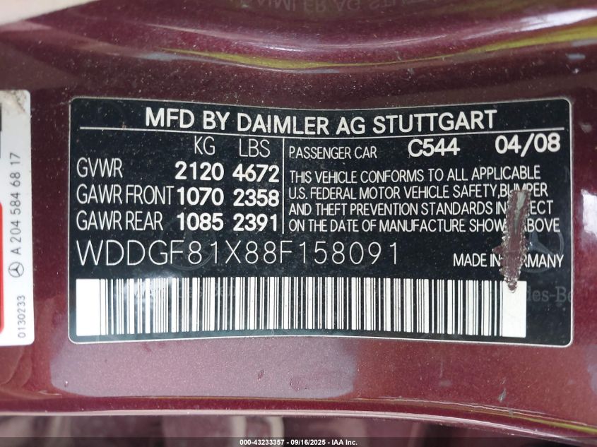 2008 Mercedes-Benz C 300 VIN: WDDGF81X88F158091 Lot: 43233357