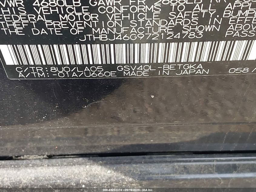 2007 Lexus Es 350 VIN: JTHBJ46G972124783 Lot: 43233374