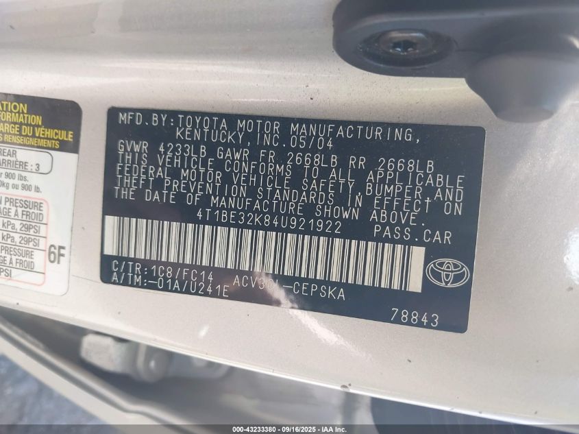 2004 Toyota Camry Se VIN: 4T1BE32K84U921922 Lot: 43233380