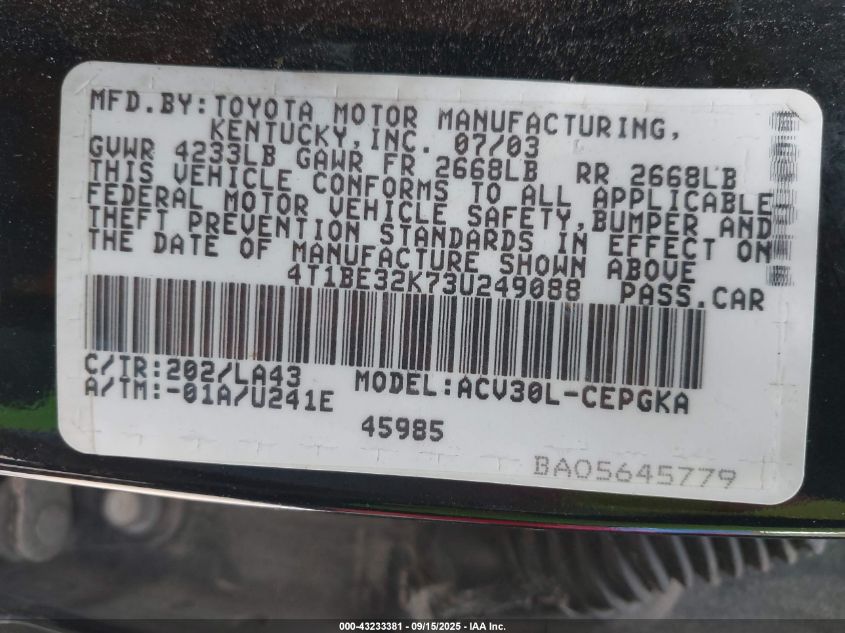 2003 Toyota Camry Xle VIN: 4T1BE32K73U249088 Lot: 43233381