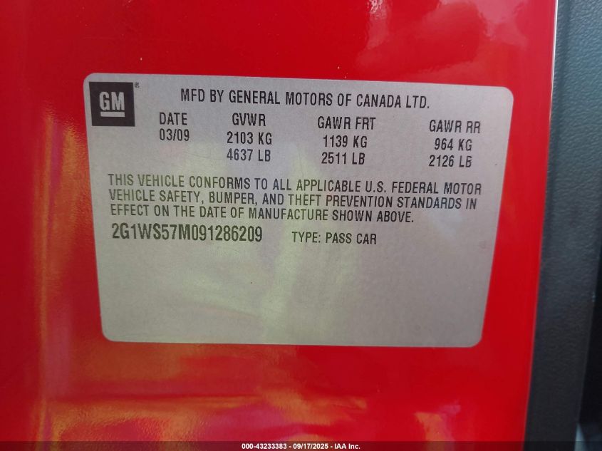 2009 Chevrolet Impala Police VIN: 2G1WS57M091286209 Lot: 43233383