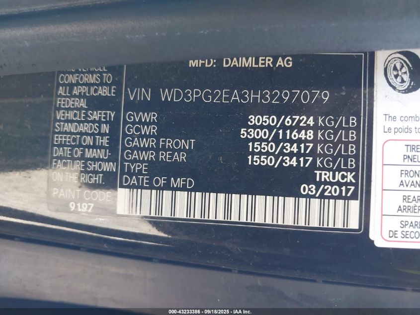 2017 Mercedes-Benz Metris VIN: WD3PG2EA3H3297079 Lot: 43233386
