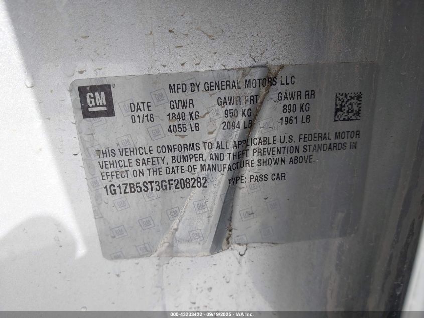 2016 Chevrolet Malibu Ls VIN: 1G1ZB5ST3GF208282 Lot: 43233422