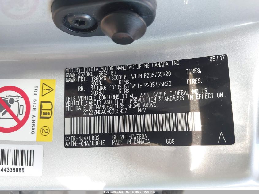 2017 Lexus Rx 350 VIN: 2T2ZZMCA0HC065937 Lot: 43233435