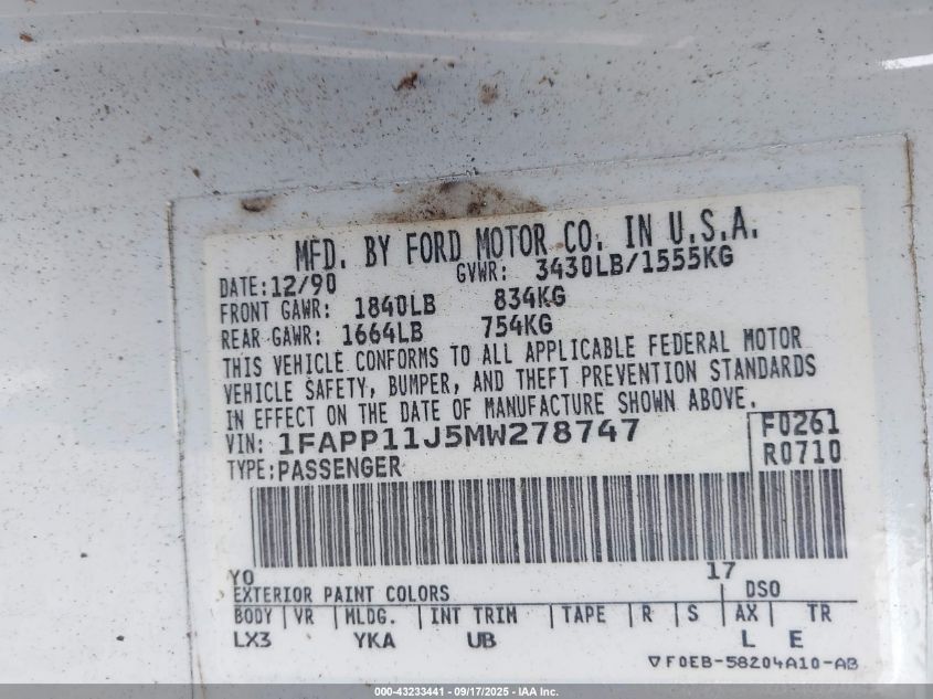 1991 Ford Escort Lx VIN: 1FAPP11J5MW278747 Lot: 43233441