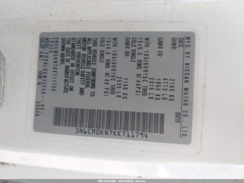 2019 Nissan Nv200 S VIN: 3N6CM0KN7KK711794 Lot: 43233463