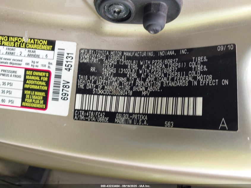 2011 Toyota Sienna Le V6 VIN: 5TDKK3DC3BS080418 Lot: 43233484