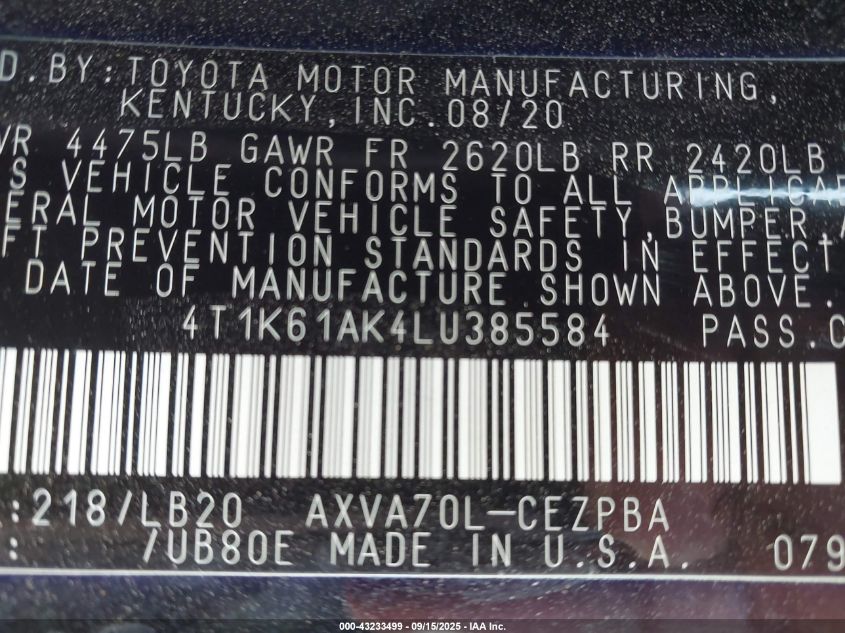 2020 Toyota Camry Xse VIN: 4T1K61AK4LU385584 Lot: 43233499