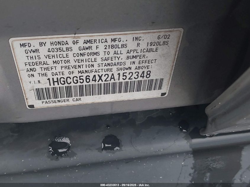 2002 Honda Accord 2.3 Lx VIN: 1HGCG564X2A152348 Lot: 43233513
