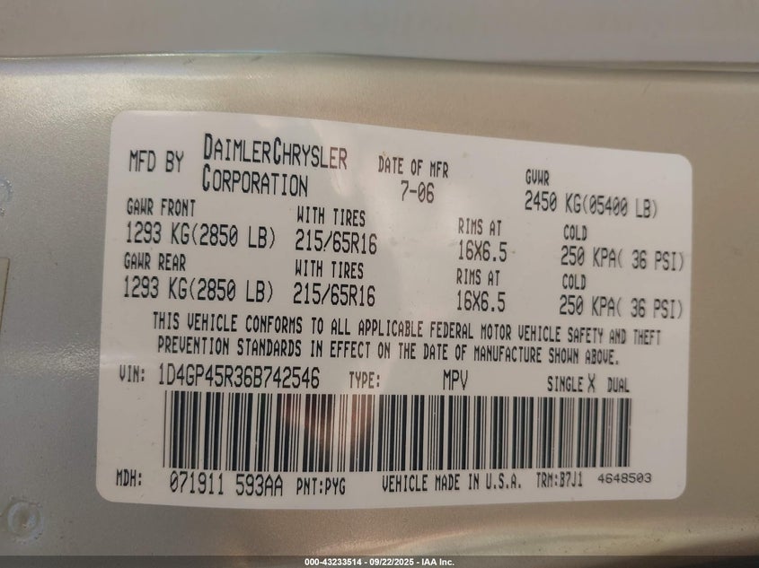 2006 Dodge Caravan Sxt VIN: 1D4GP45R36B742546 Lot: 43233514