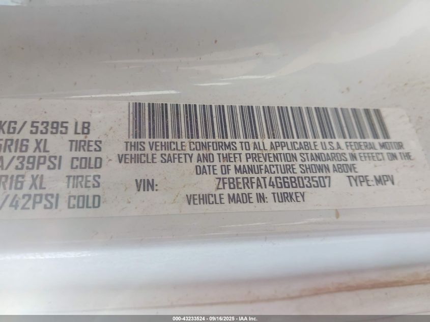 2016 Ram Promaster City Tradesman VIN: ZFBERFAT4G6B03507 Lot: 43233524