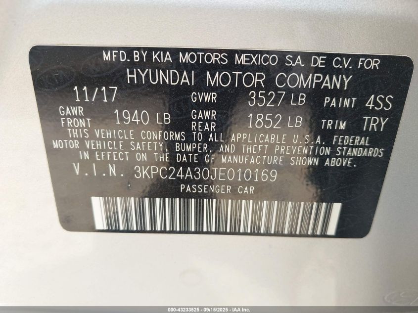 2018 Hyundai Accent Se VIN: 3KPC24A30JE010169 Lot: 43233525