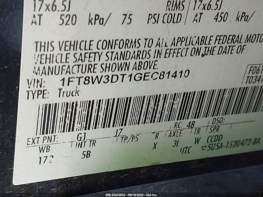 2016 Ford F-350 Lariat VIN: 1FT8W3DT1GEC81410 Lot: 43233533