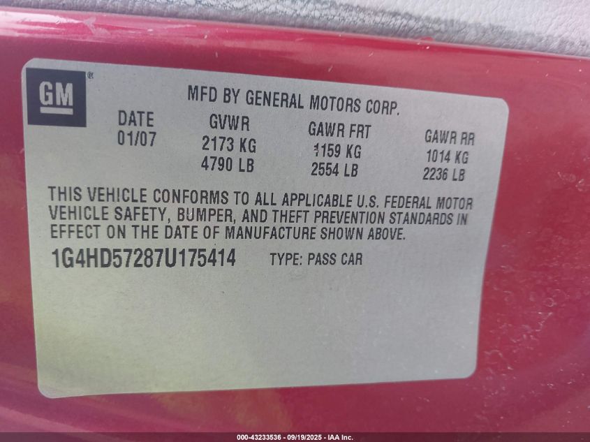 2007 Buick Lucerne Cxl VIN: 1G4HD57287U175414 Lot: 43233536