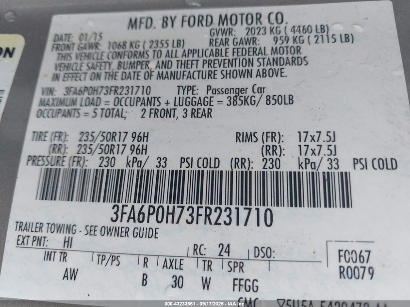 2015 Ford Fusion Se VIN: 3FA6P0H73FR231710 Lot: 43233561