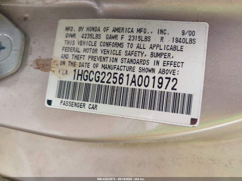 2001 Honda Accord 3.0 Ex VIN: 1HGCG22561A001972 Lot: 43233573
