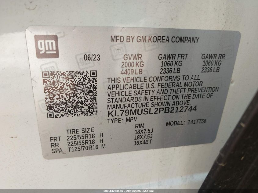 2023 Chevrolet Trailblazer Awd Rs VIN: KL79MUSL2PB212744 Lot: 43233576