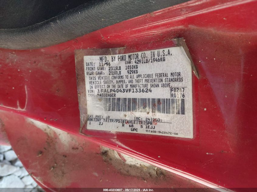 1997 Ford Mustang VIN: 1FALP4043VF133624 Lot: 43233607