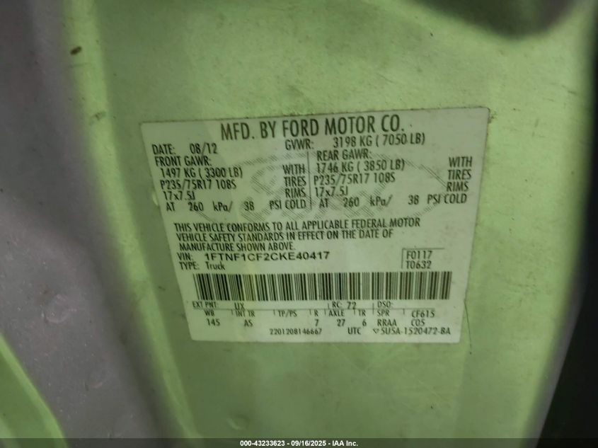 2012 Ford F150 VIN: 1FTNF1CF2CKE40417 Lot: 43233623