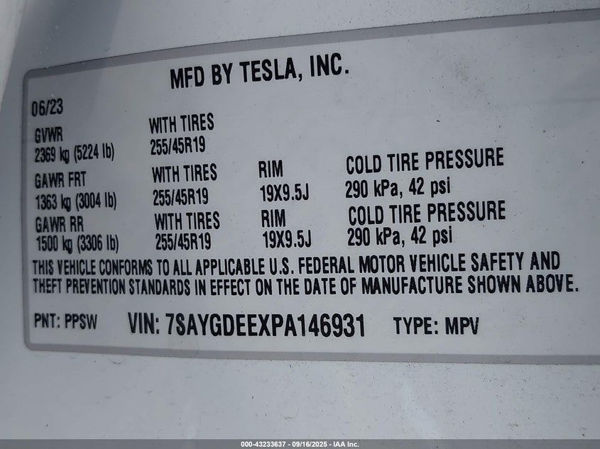 2023 Tesla Model Y VIN: 7SAYGDEEXPA146931 Lot: 43233637