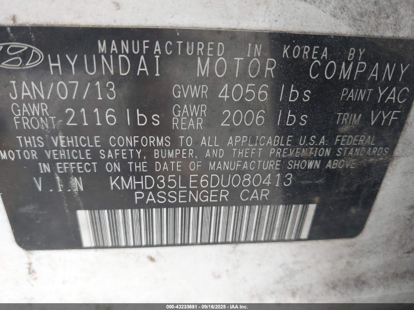 2013 Hyundai Elantra Gt VIN: KMHD35LE6DU080413 Lot: 43233651