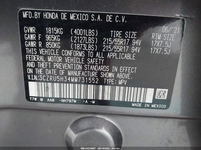 2021 Honda Hr-V 2Wd Lx VIN: 3CZRU5H34MM731552 Lot: 43233657