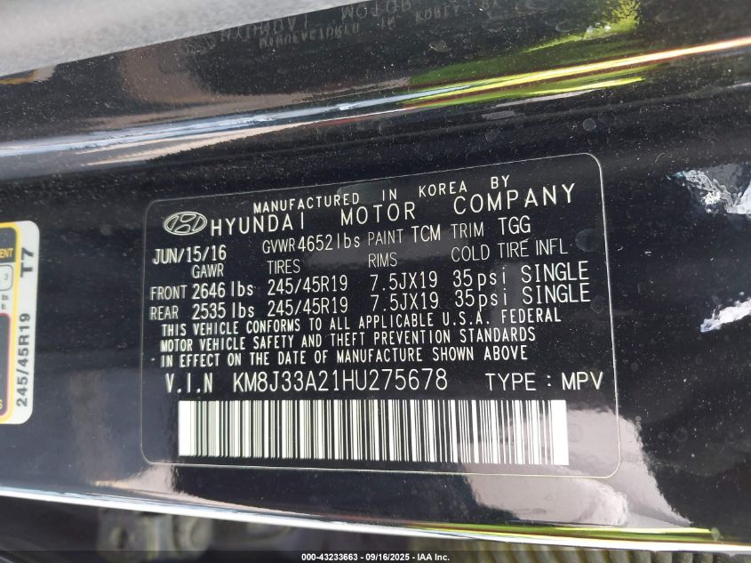 2017 Hyundai Tucson Sport VIN: KM8J33A21HU275678 Lot: 43233663