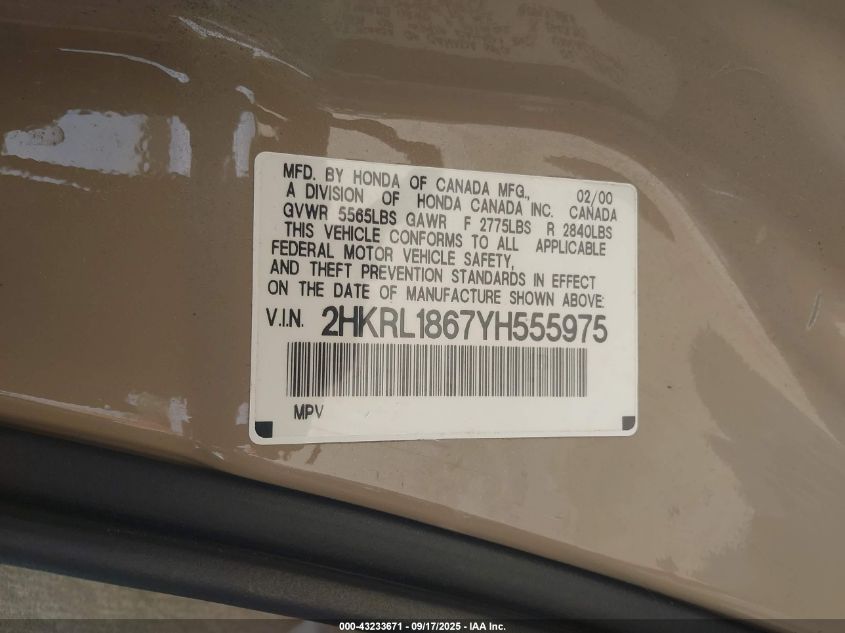 2000 Honda Odyssey Ex VIN: 2HKRL1867YH555975 Lot: 43233671