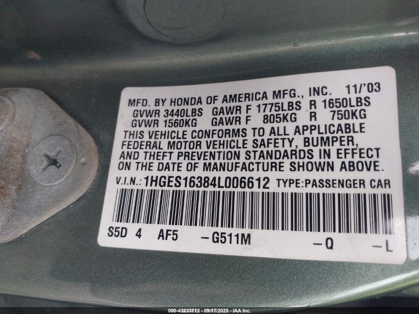 2004 Honda Civic Vp VIN: 1HGES16384L006612 Lot: 43233712