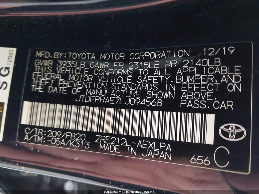 2020 TOYOTA COROLLA LE - JTDEPRAE7LJ094568