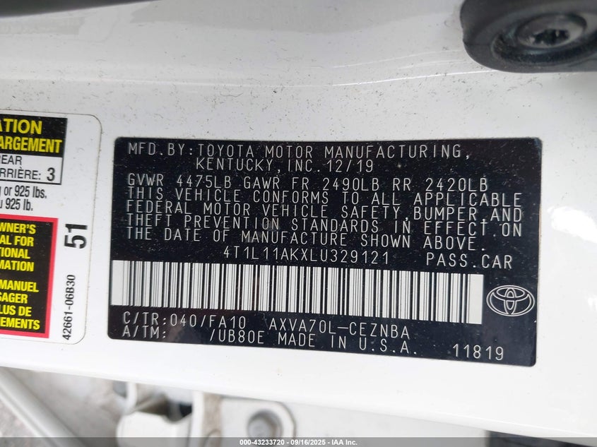 2020 TOYOTA CAMRY LE 4T1L11AKXLU329121