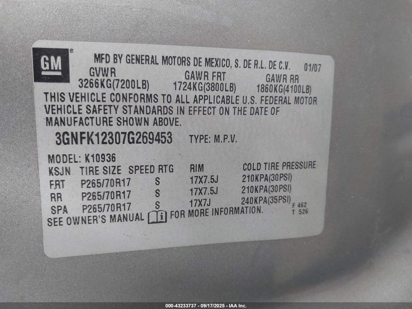 2007 Chevrolet Avalanche 1500 Ls VIN: 3GNFK12307G269453 Lot: 43233737
