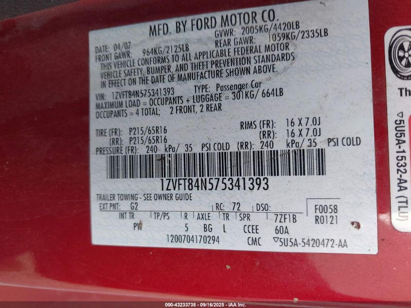 2007 Ford Mustang V6 Deluxe/V6 Premium VIN: 1ZVFT84N575341393 Lot: 43233738