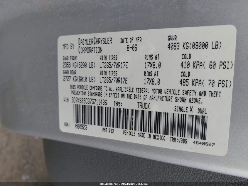 2007 Dodge Ram 2500 Slt/Sport VIN: 3D7KS28C67G711436 Lot: 43233748