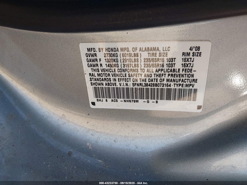 2008 Honda Odyssey Ex VIN: 5FNRL38428B073164 Lot: 43233758