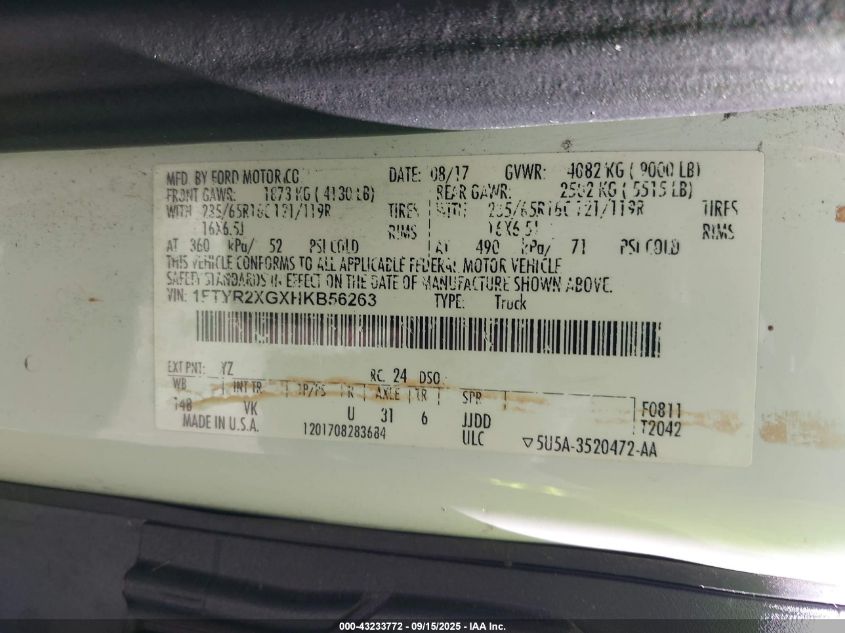 2017 Ford Transit-250 VIN: 1FTYR2XGXHKB56263 Lot: 43233772