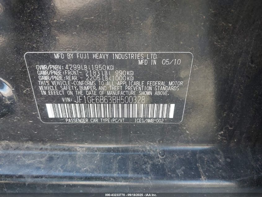 2011 Subaru Impreza 2.5I Premium VIN: JF1GE6B63BH500328 Lot: 43233778