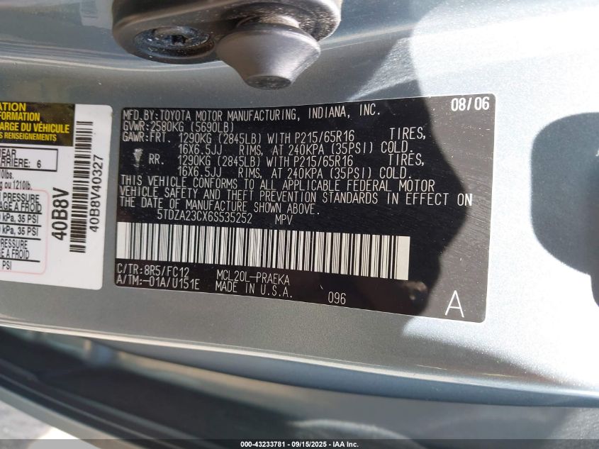 2006 Toyota Sienna Le VIN: 5TDZA23CX6S535252 Lot: 43233781