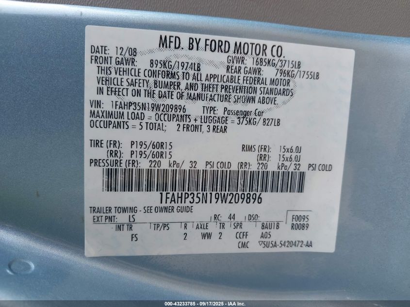 2009 Ford Focus Se VIN: 1FAHP35N19W209896 Lot: 43233785