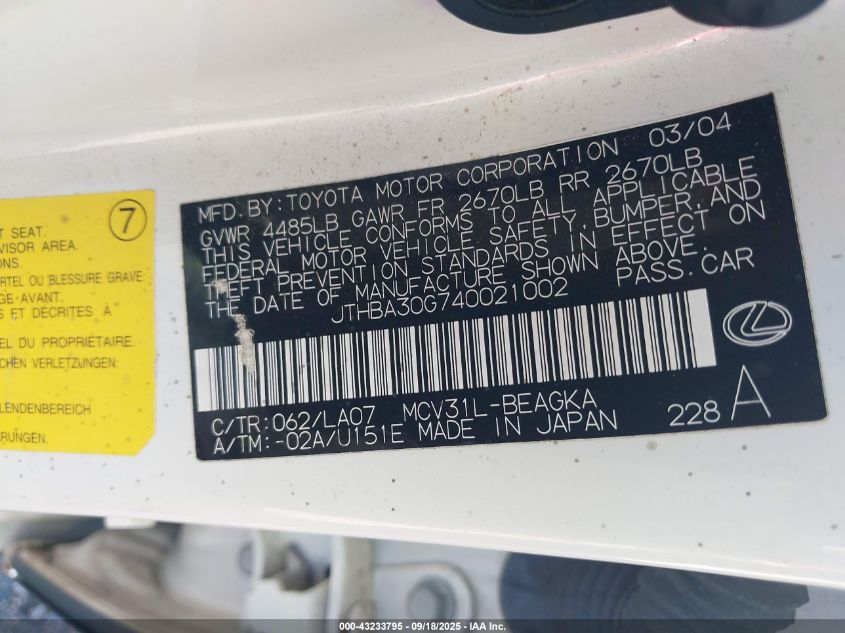 2004 Lexus Es 330 VIN: JTHBA30G740021002 Lot: 43233795