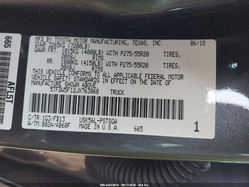 2018 Toyota Tundra Sr5 5.7L V8 VIN: 5TFDW5F12JX763868 Lot: 43233814