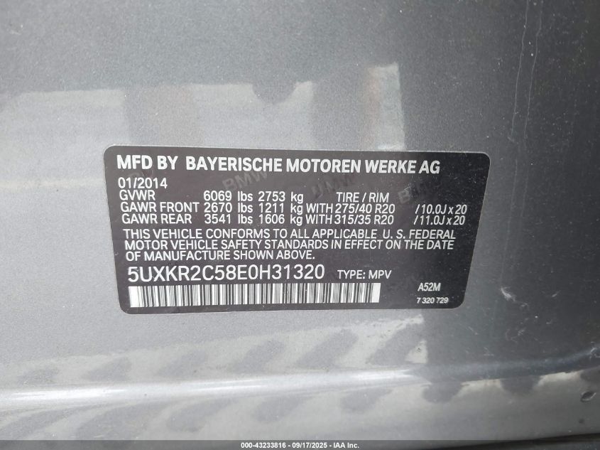2014 BMW X5 Sdrive35I VIN: 5UXKR2C58E0H31320 Lot: 43233816