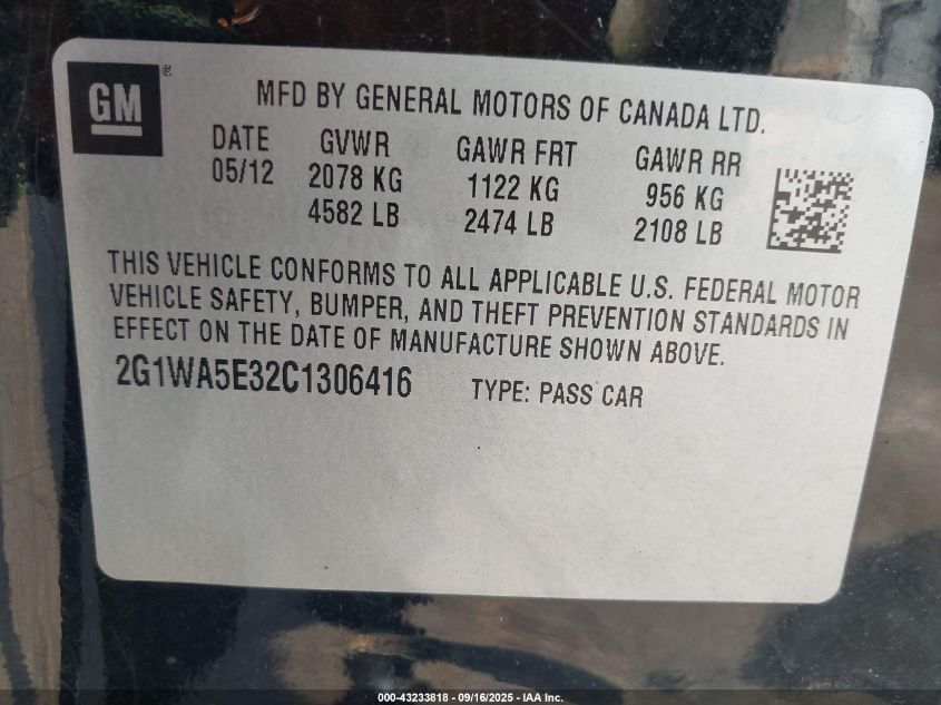 2012 Chevrolet Impala Ls VIN: 2G1WA5E32C1306416 Lot: 43233818