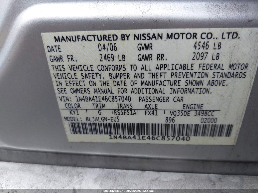 2006 Nissan Maxima 3.5 Sl VIN: 1N4BA41E46C857040 Lot: 43233827
