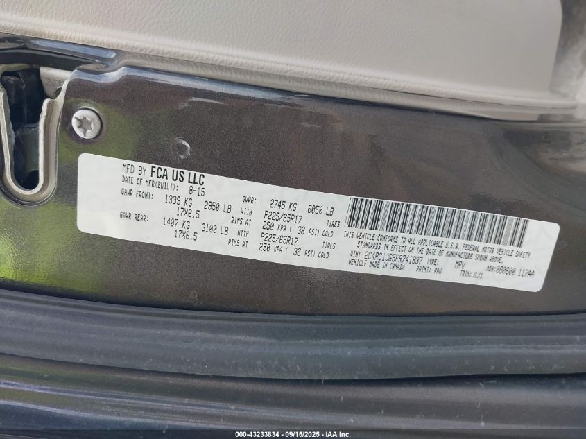 2015 Chrysler Town & Country Limited VIN: 2C4RC1JG5FR741937 Lot: 43233834