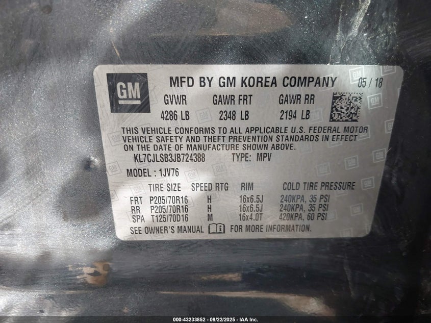 2018 CHEVROLET TRAX LT - KL7CJLSB3JB724388